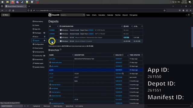 SteamDB's Depots tab for an app, listing each depot with its ID, configuration (Windows, 64-bit, Shared Install) and size.