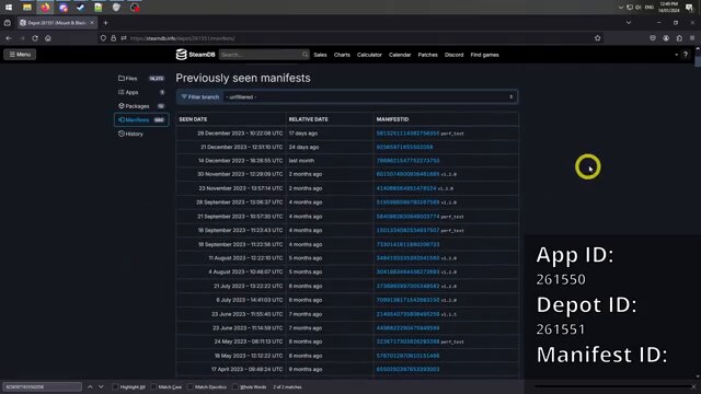 SteamDB's Manifests tab for a depot, showing a dated list of 'Previously seen manifests' — each row a version with its Manifest ID and branch.